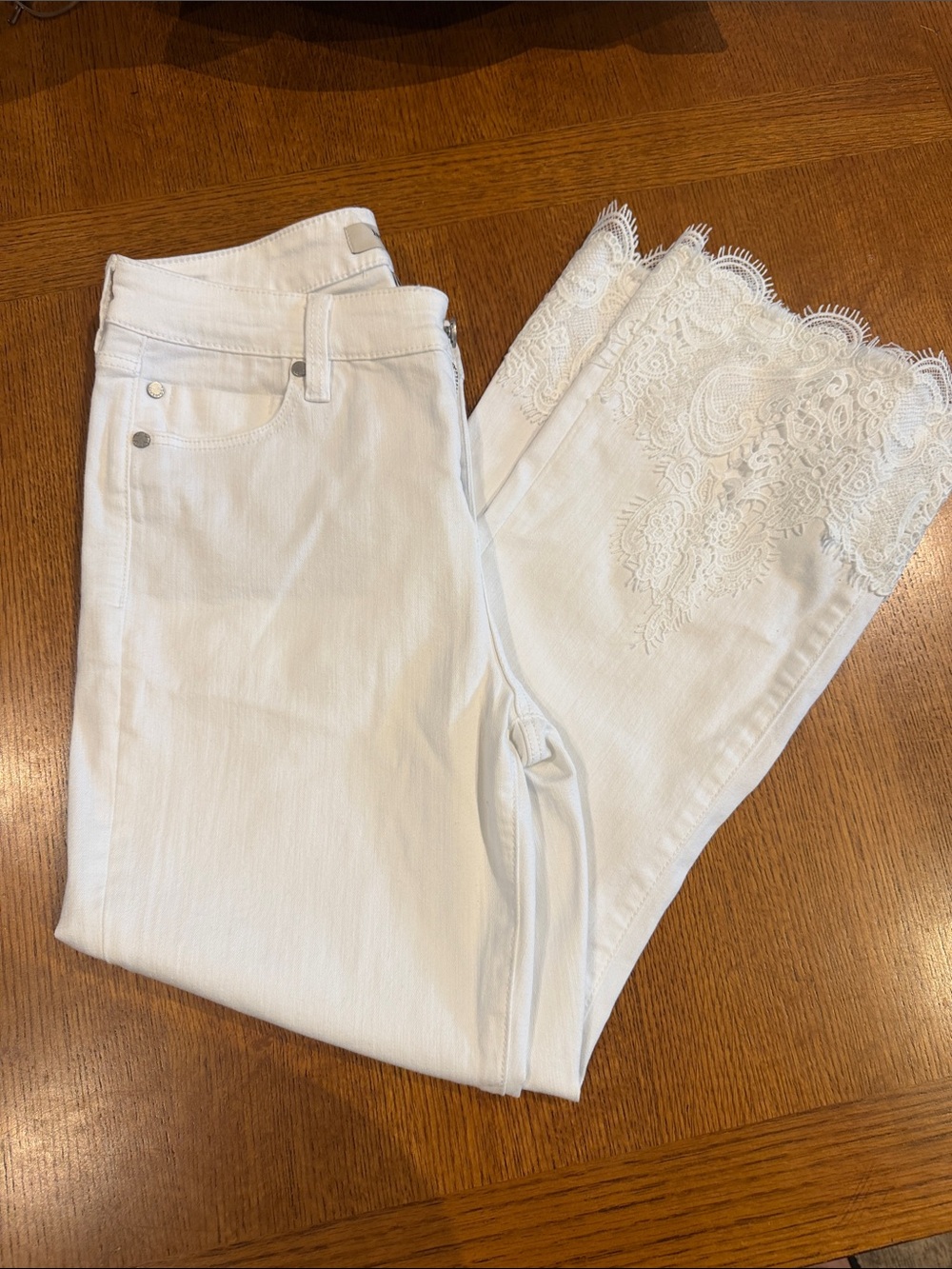 Liverpool Jeans Company White Cropped Jeans with Lace Scallop Hem